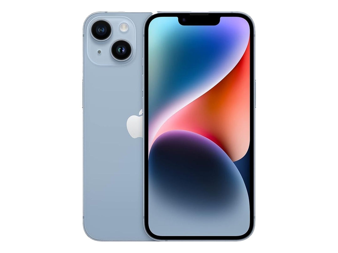 Smartphone Apple iPhone 14 en color azul, vista frontal y trasera sobre fondo blanco.