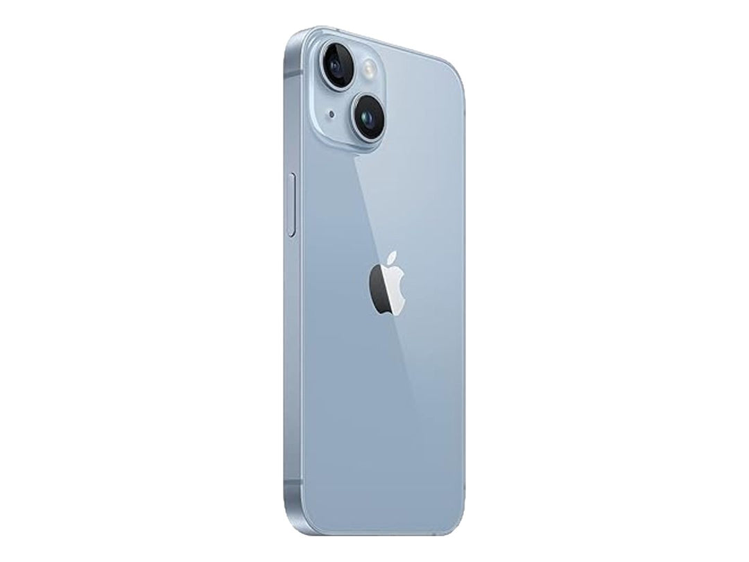 Smartphone Apple iPhone 14 en color azul, vista frontal y trasera sobre fondo blanco.
