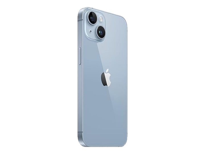 Smartphone Apple iPhone 14 en color azul, vista frontal y trasera sobre fondo blanco.