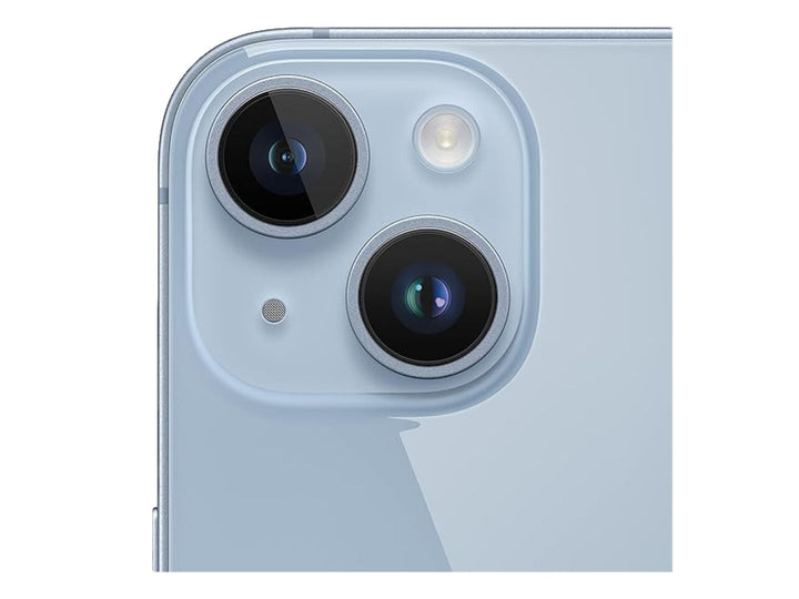 Smartphone Apple iPhone 14 en color azul, vista frontal y trasera sobre fondo blanco.