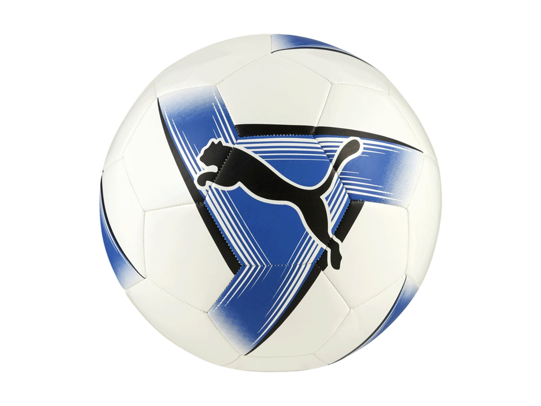 Balón de fútbol Puma color blanco con detalles en azul y logo negro central.