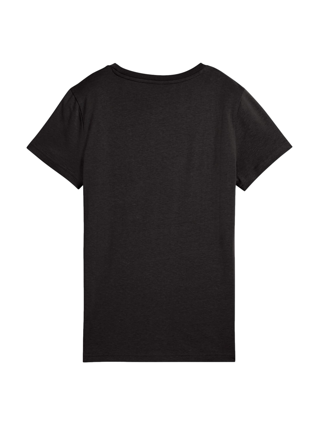 Mujer vistiendo una camiseta deportiva PUMA de color negro con logotipo dorado metálico en el pecho.