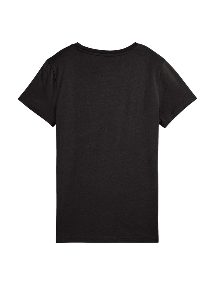 Mujer vistiendo una camiseta deportiva PUMA de color negro con logotipo dorado metálico en el pecho.