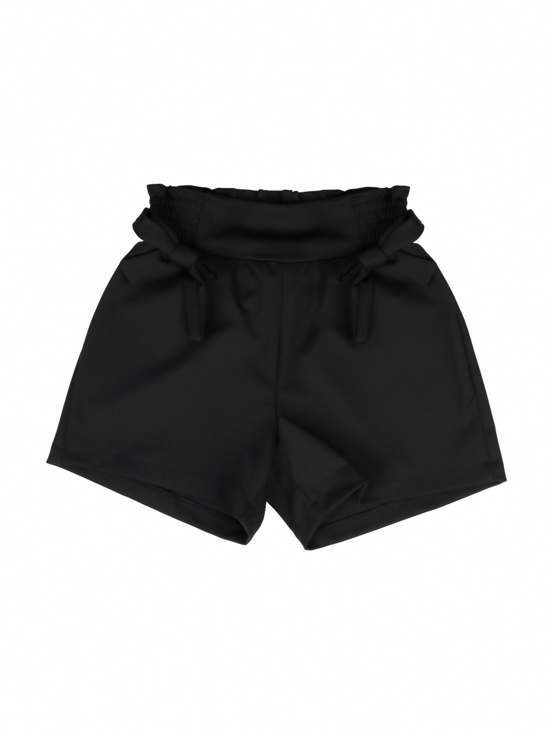 Shorts negros para niña con cintura elástica y lazos decorativos laterales.