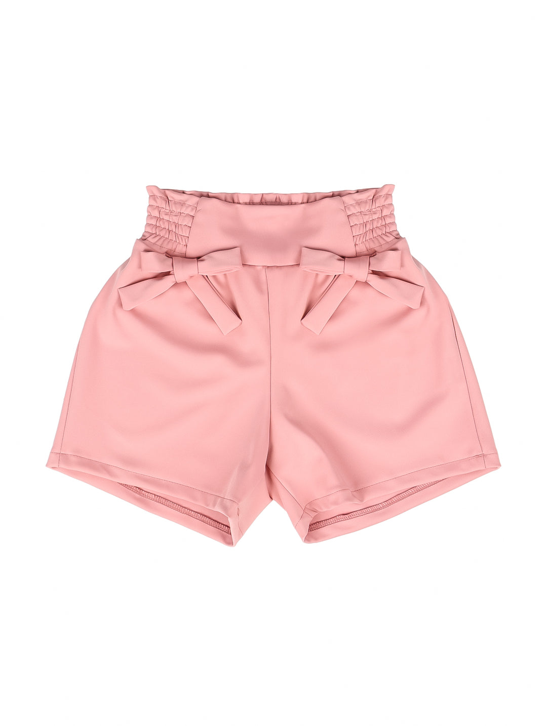 Shorts color rosewood para niña con cintura elástica y dos moños decorativos frontales.