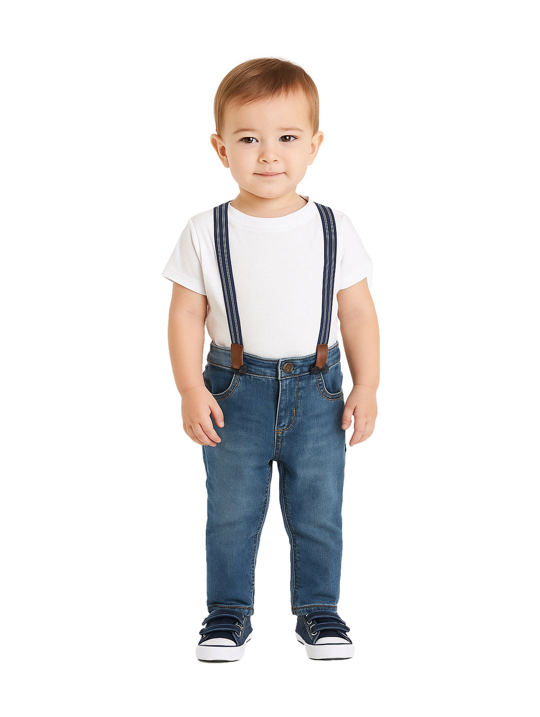 Pantalones de mezclilla azules con tirantes para bebé.