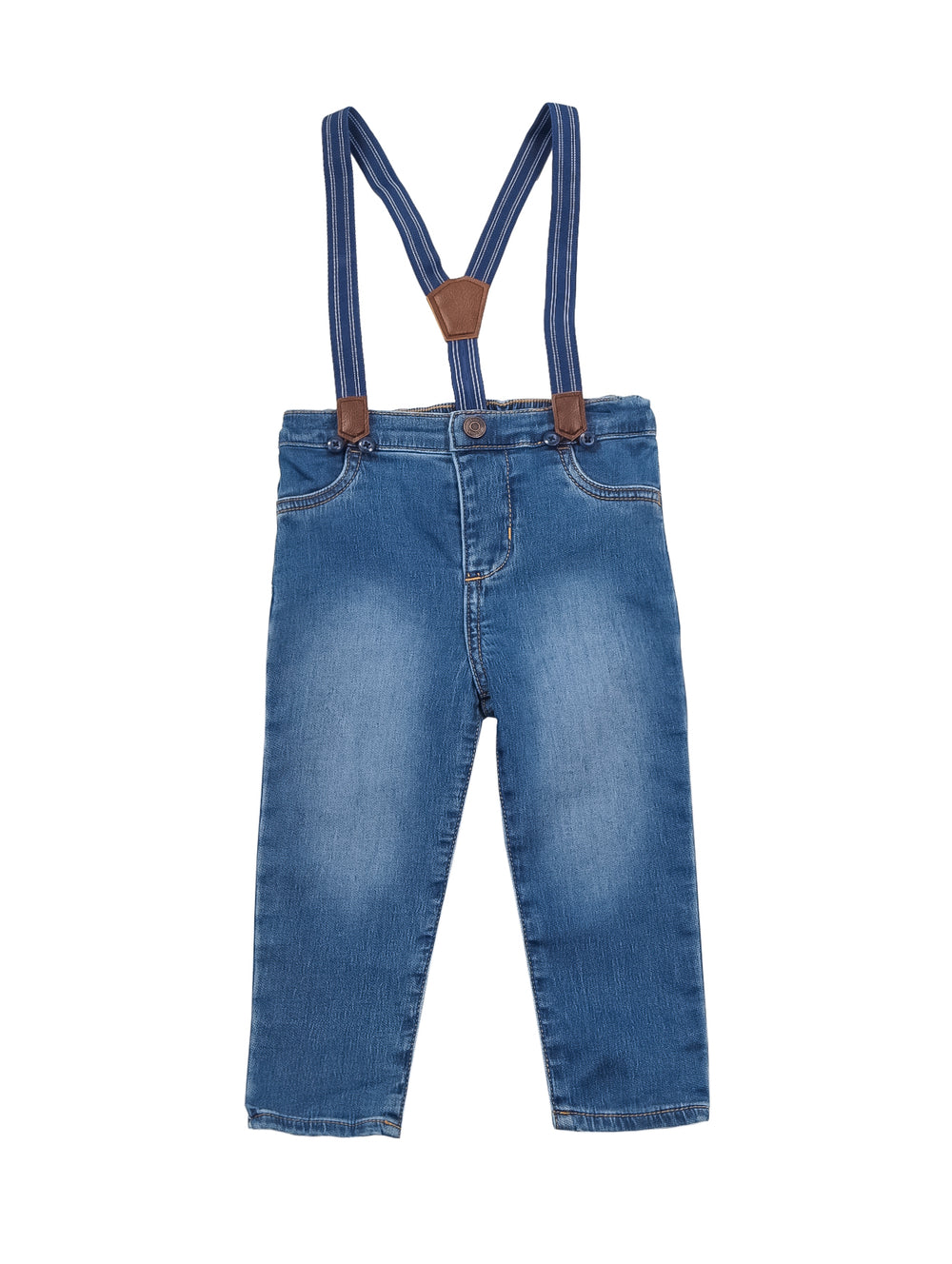 Pantalones de mezclilla azules con tirantes para bebé.
