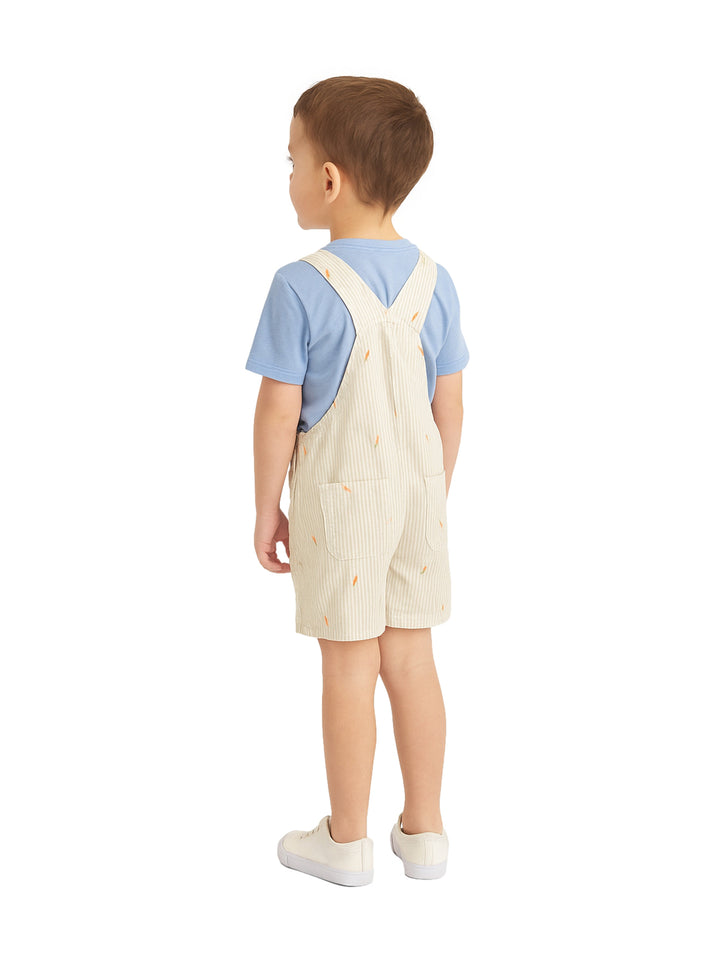 Niño vistiendo un overol corto color beige a rayas y camiseta azul claro.