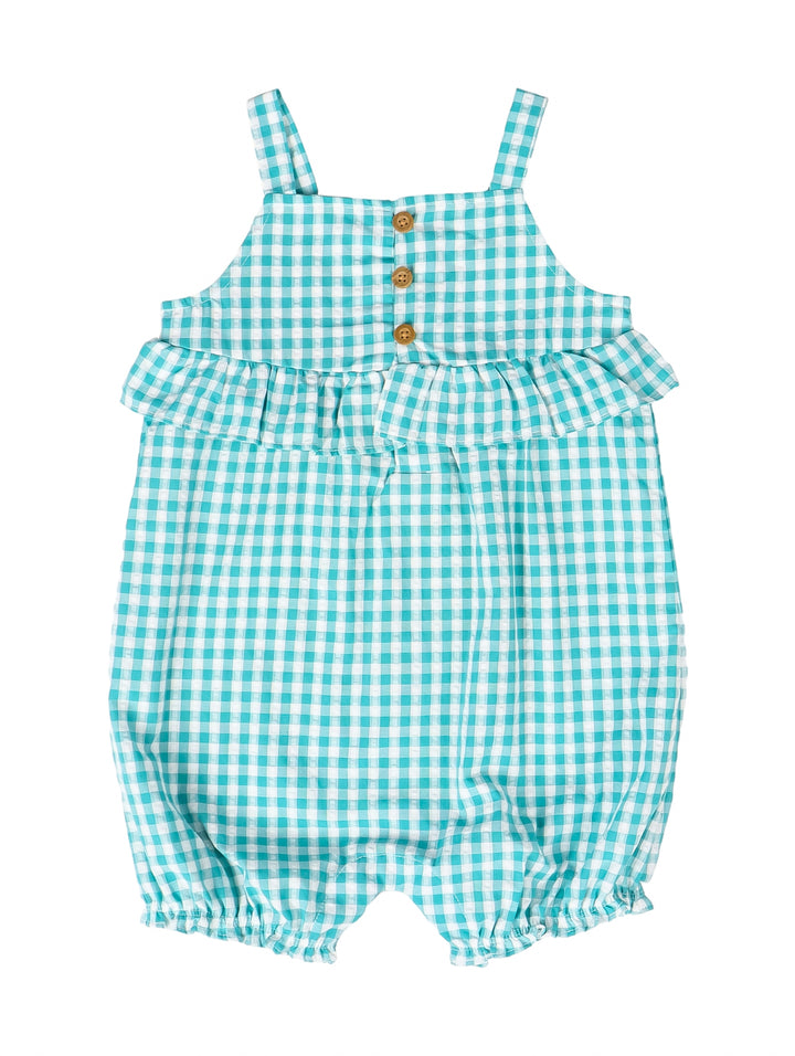 Jumper para bebé color turquesa y blanco con estampado de cuadros y detalle de volante en el pecho.