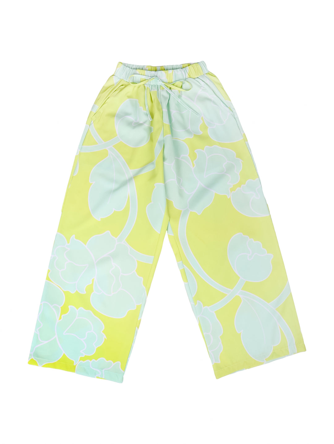 Pantalones para niña de pierna ancha color verde lima con estampado floral en tono menta.