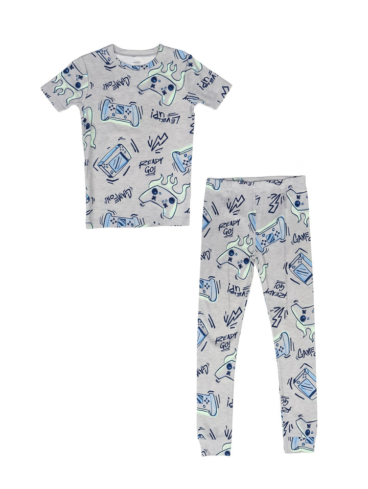 Pijama gris para niño con estampado de controles de videojuegos en tonos azules.