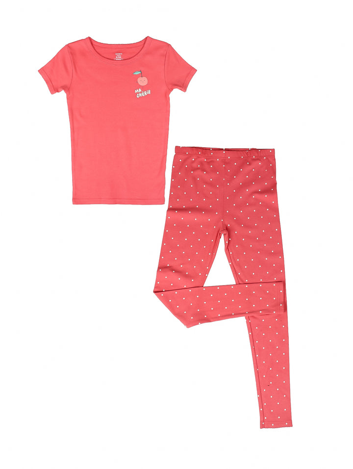 Pijama para niña en color rojo con camiseta y leggings de puntos blancos.
