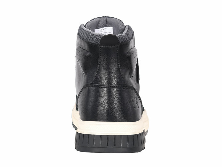 Botín casual color negro con suela blanca y detalles en gris.