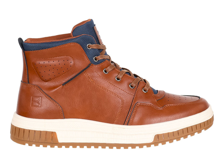 Zapato tipo botín color café con suela blanca y detalles en azul para hombre.