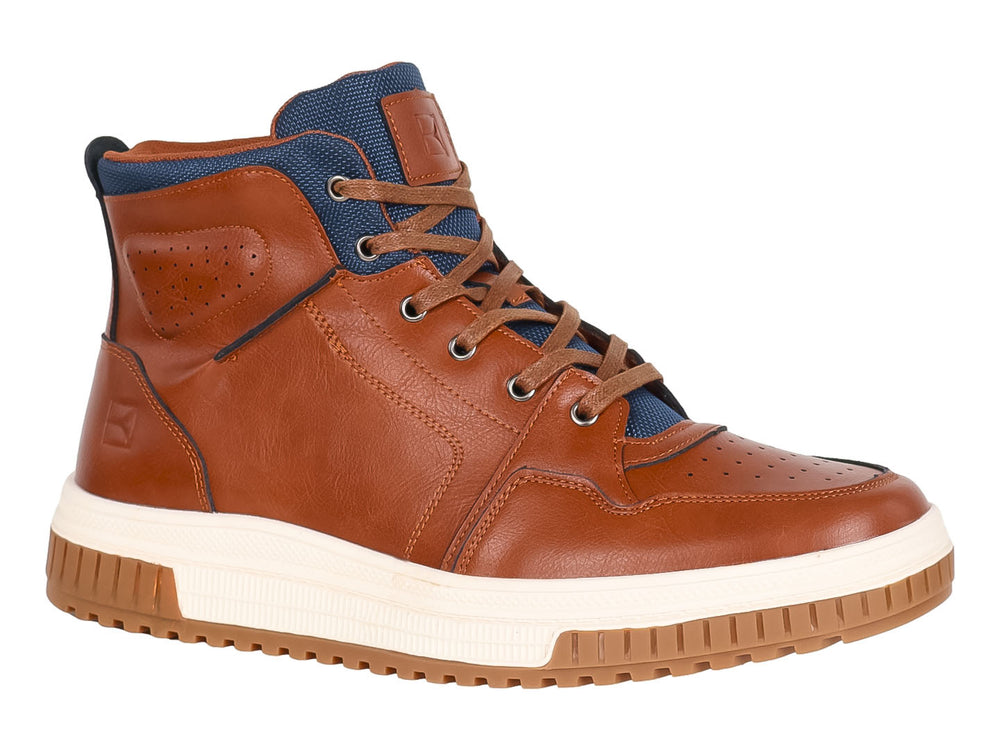 Zapato tipo botín color café con suela blanca y detalles en azul para hombre.