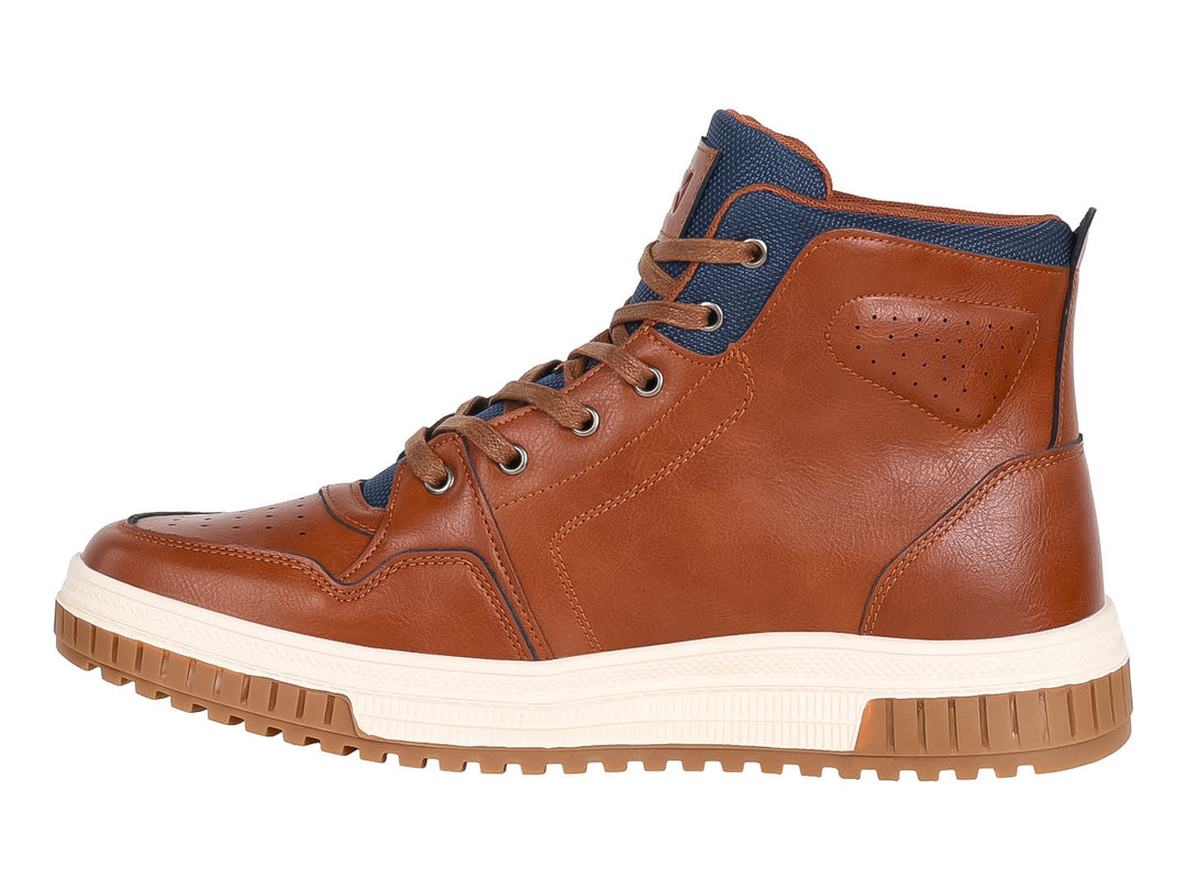 Zapato tipo botín color café con suela blanca y detalles en azul para hombre.