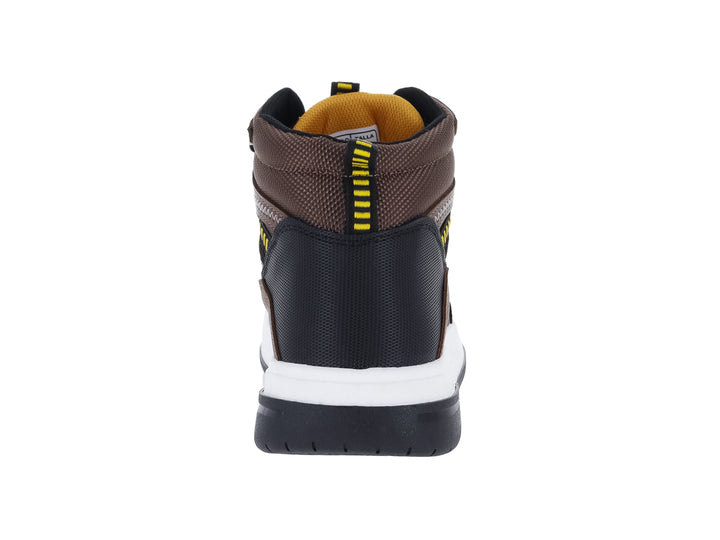 Botín infantil Teen Bambino en colores chocolate y negro con suela blanca y detalles amarillos.