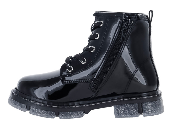 Bota negra de charol con detalle de corazón lateral y suela con glitter plateado.