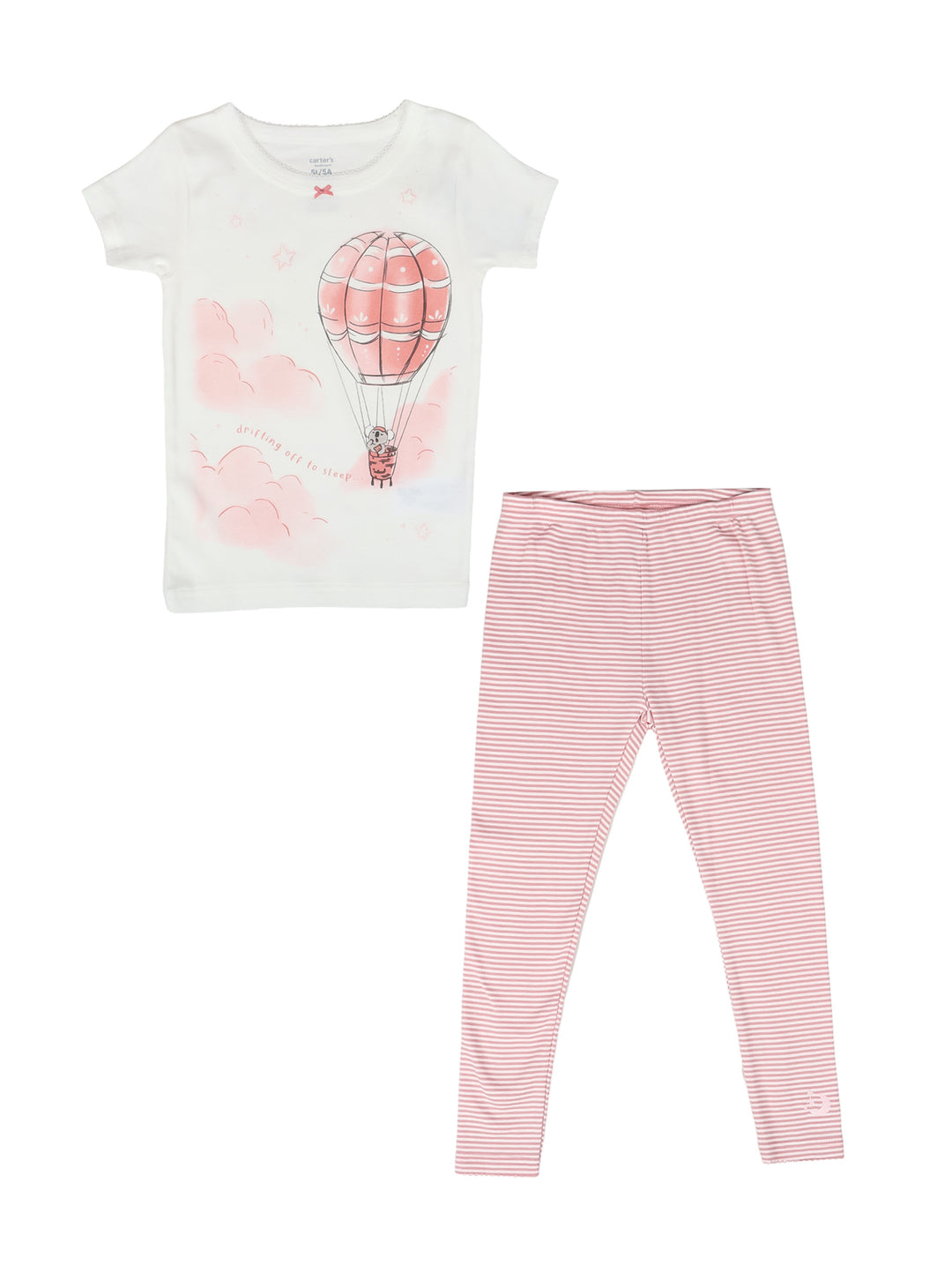 Pijama rosa para niña de dos piezas con estampado de globos aerostáticos y nubes.