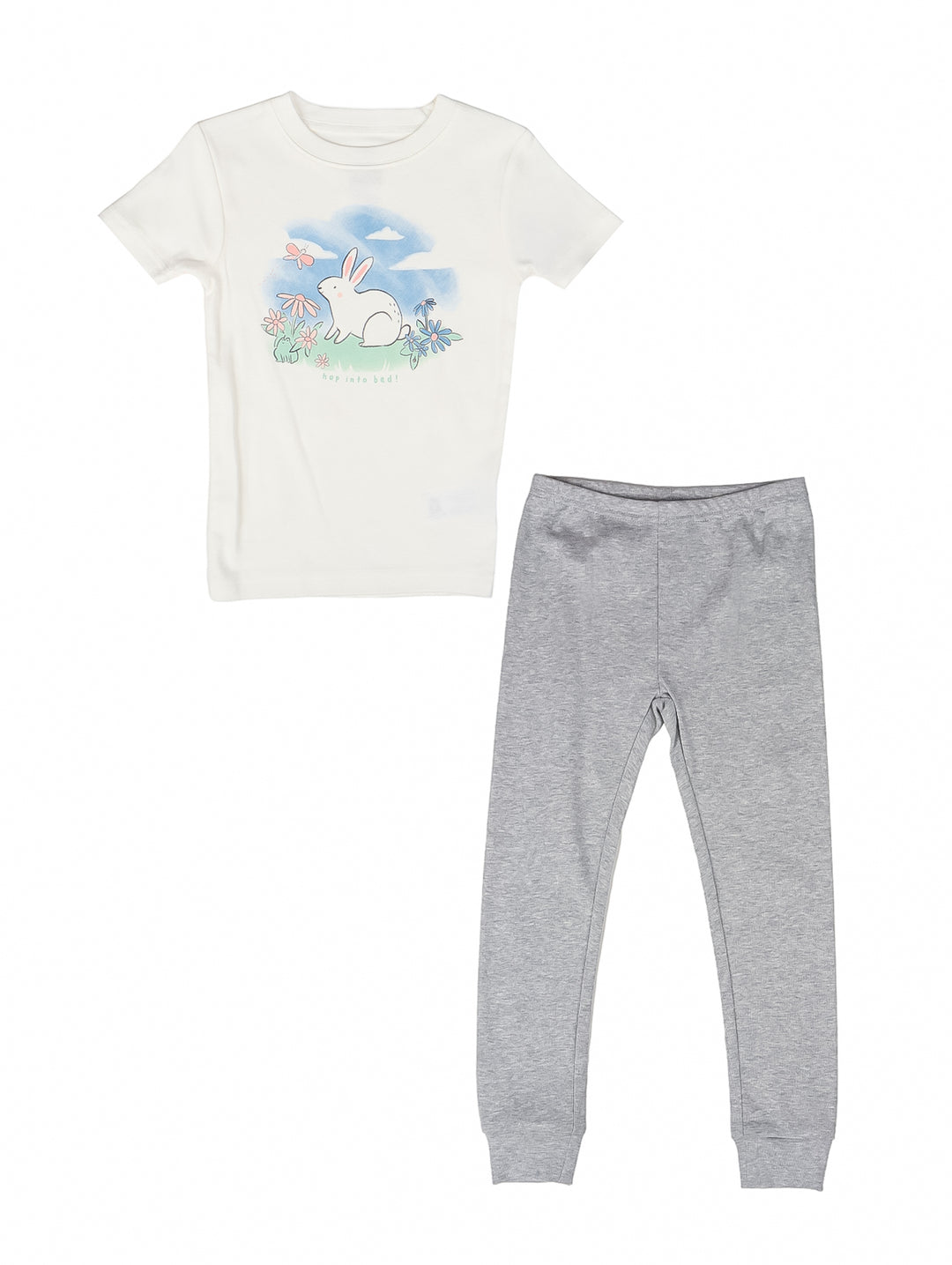 Pijama para niña con camiseta blanca estampada de un conejo y pantalón largo gris.