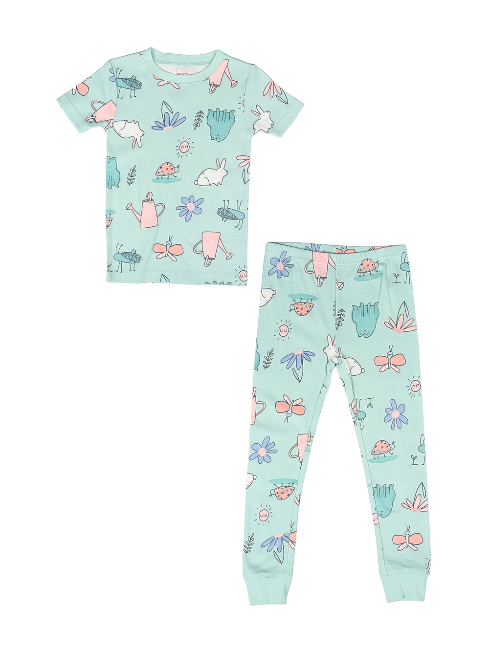 Pijama para niña con camiseta blanca estampada de un conejo y pantalón largo gris.