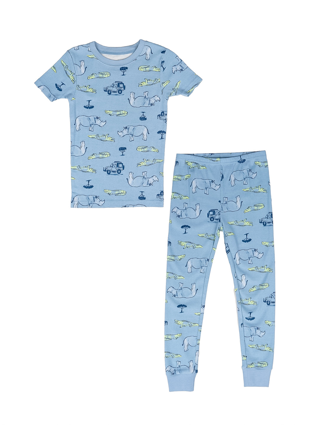 Pijama azul de dos piezas para niño con estampado de rinocerontes, cocodrilos y autos.