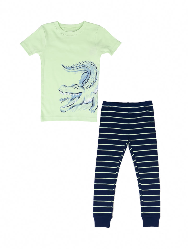 Pijama azul de dos piezas para niño con estampado de rinocerontes, cocodrilos y autos.