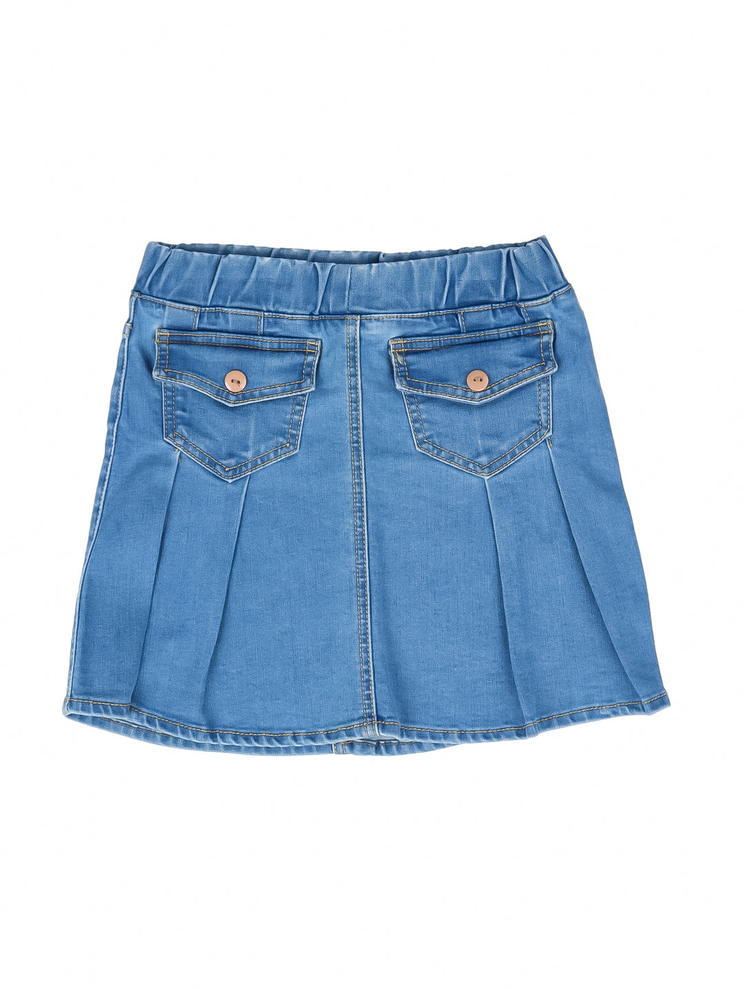 Falda de mezclilla azul para Niña con cintura elástica, bolsillos frontales y pliegues.