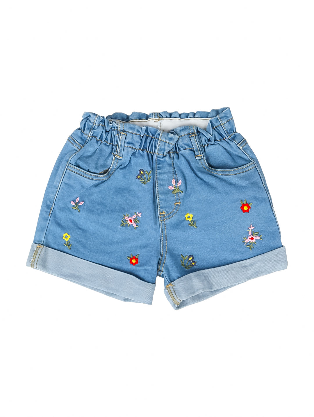 Shorts de mezclilla azul claro para niña con detalles de flores bordadas y cintura elástica fruncida.