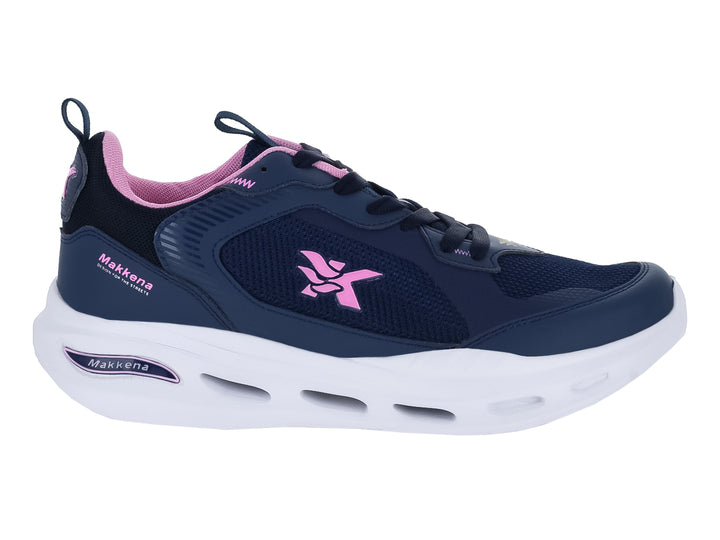 Tenis deportivos Makena en color azul marino con detalles en rosa y suela blanca gruesa.