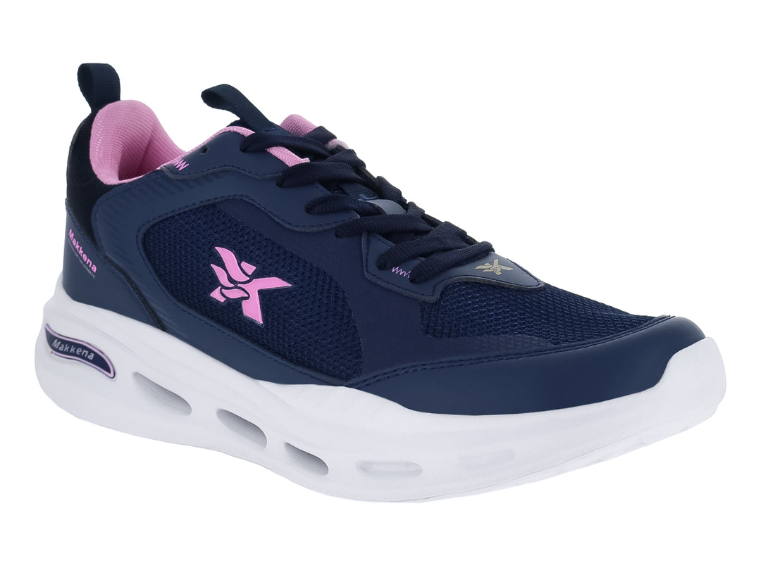 Tenis deportivos Makena en color azul marino con detalles en rosa y suela blanca gruesa.