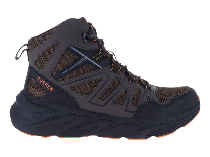 Bota deportiva Murren color café con suela robusta y detalles naranjas.