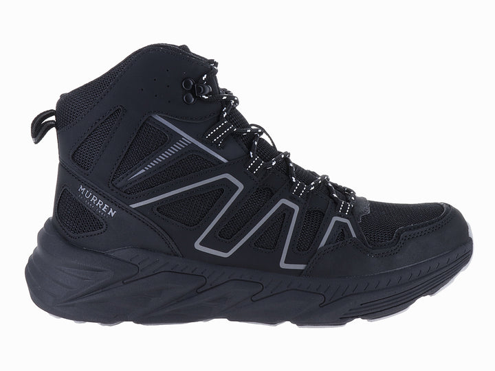 Zapato deportivo de corte medio color negro con detalles grises y suela gruesa de la marca Murren.