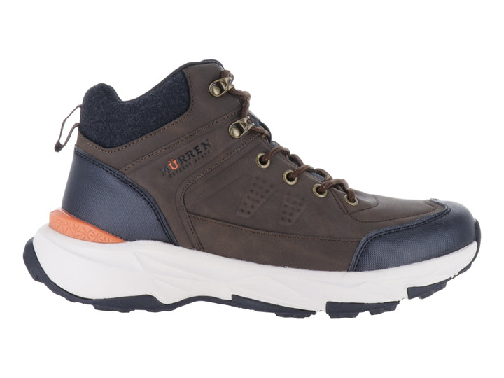 Zapato deportivo Murren en color marrón y azul marino con suela blanca y acento naranja.
