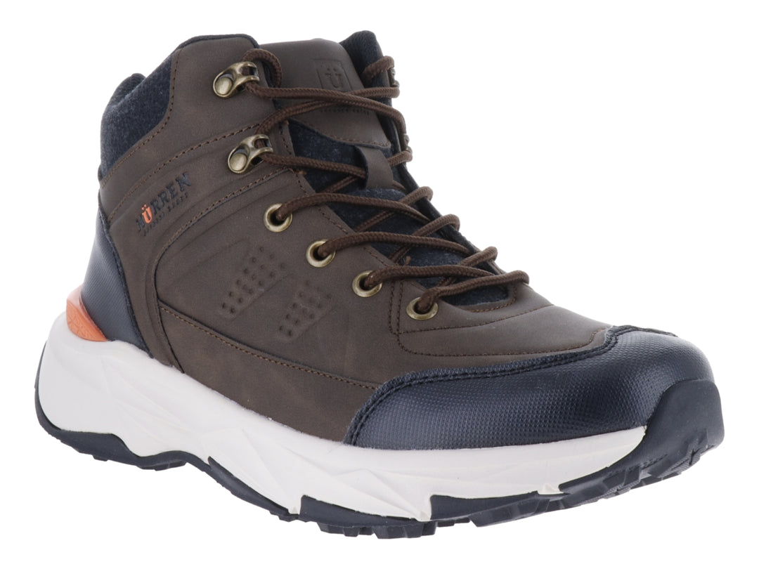 Zapato deportivo Murren en color marrón y azul marino con suela blanca y acento naranja.