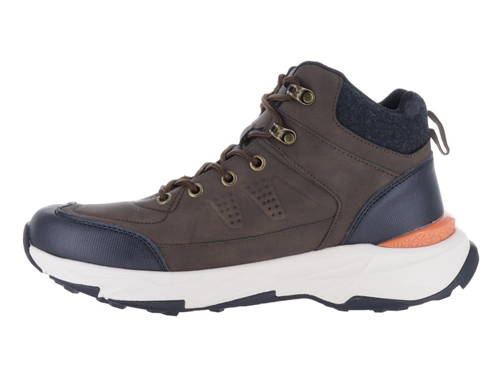 Zapato deportivo Murren en color marrón y azul marino con suela blanca y acento naranja.