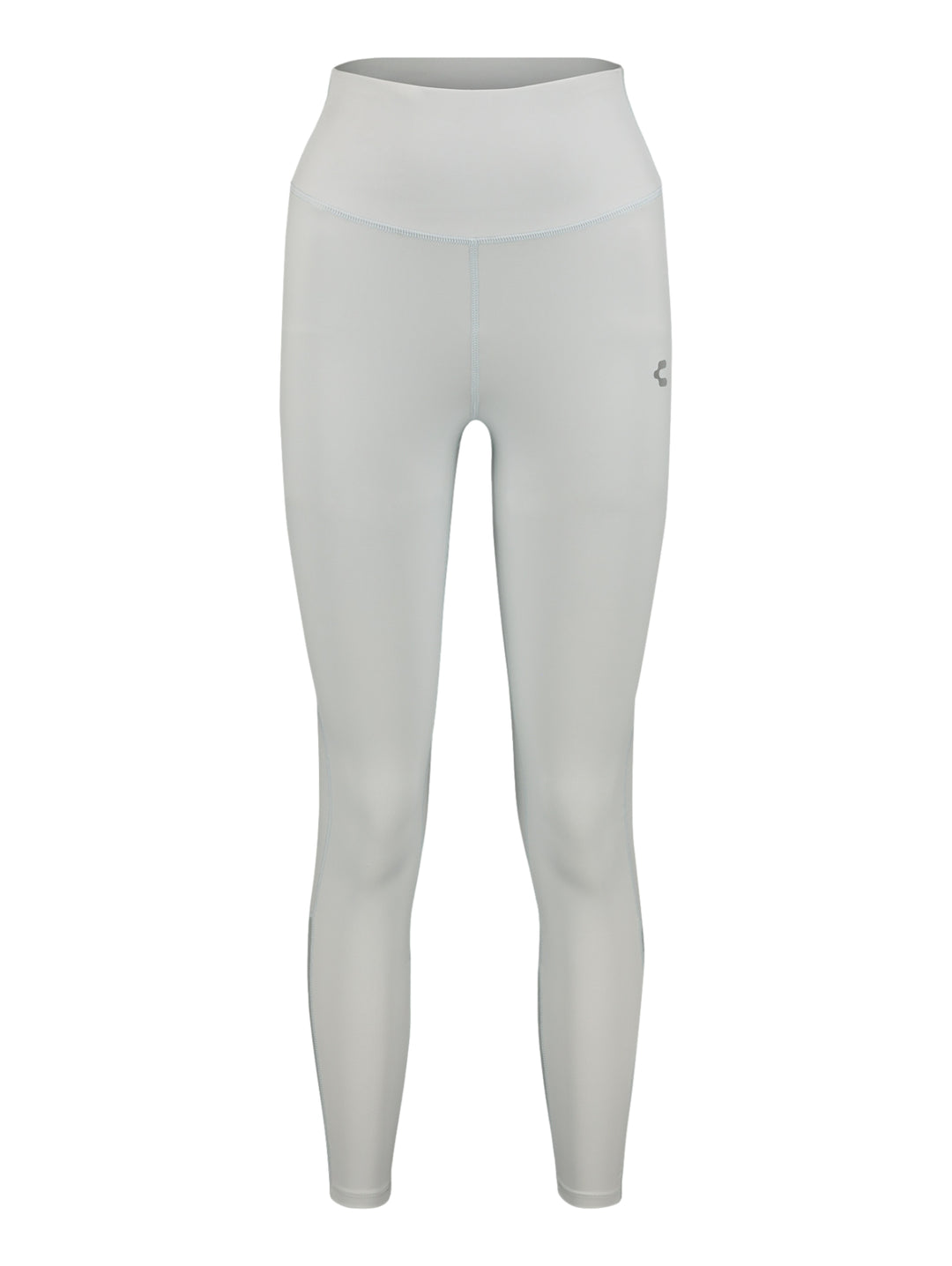 Mujer vistiendo leggings deportivos de color gris claro de cintura alta marca Charly.