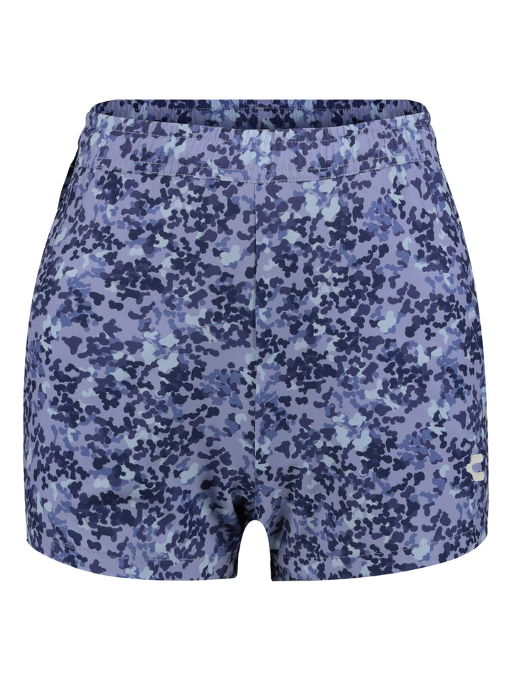 Shorts deportivos para mujer en color lavanda y azul con estampado abstracto.