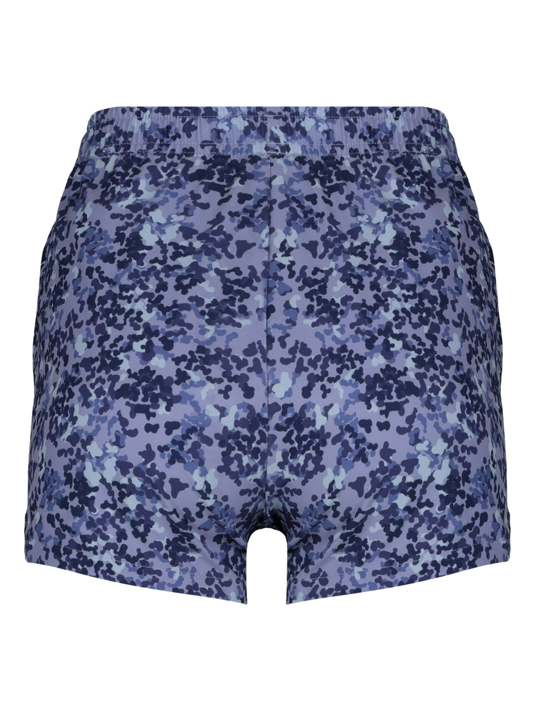 Shorts deportivos para mujer en color lavanda y azul con estampado abstracto.