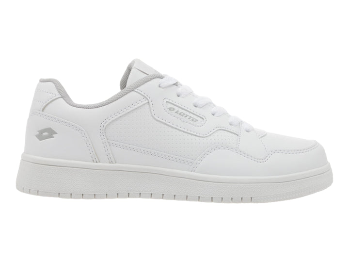 Tenis deportivos marca Lotto en color blanco total con suela blanca y agujetas blancas.