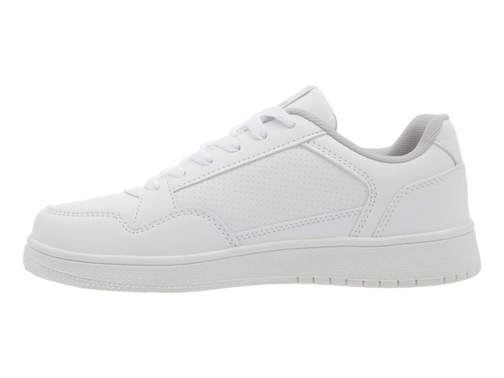 Tenis deportivos marca Lotto en color blanco total con suela blanca y agujetas blancas.