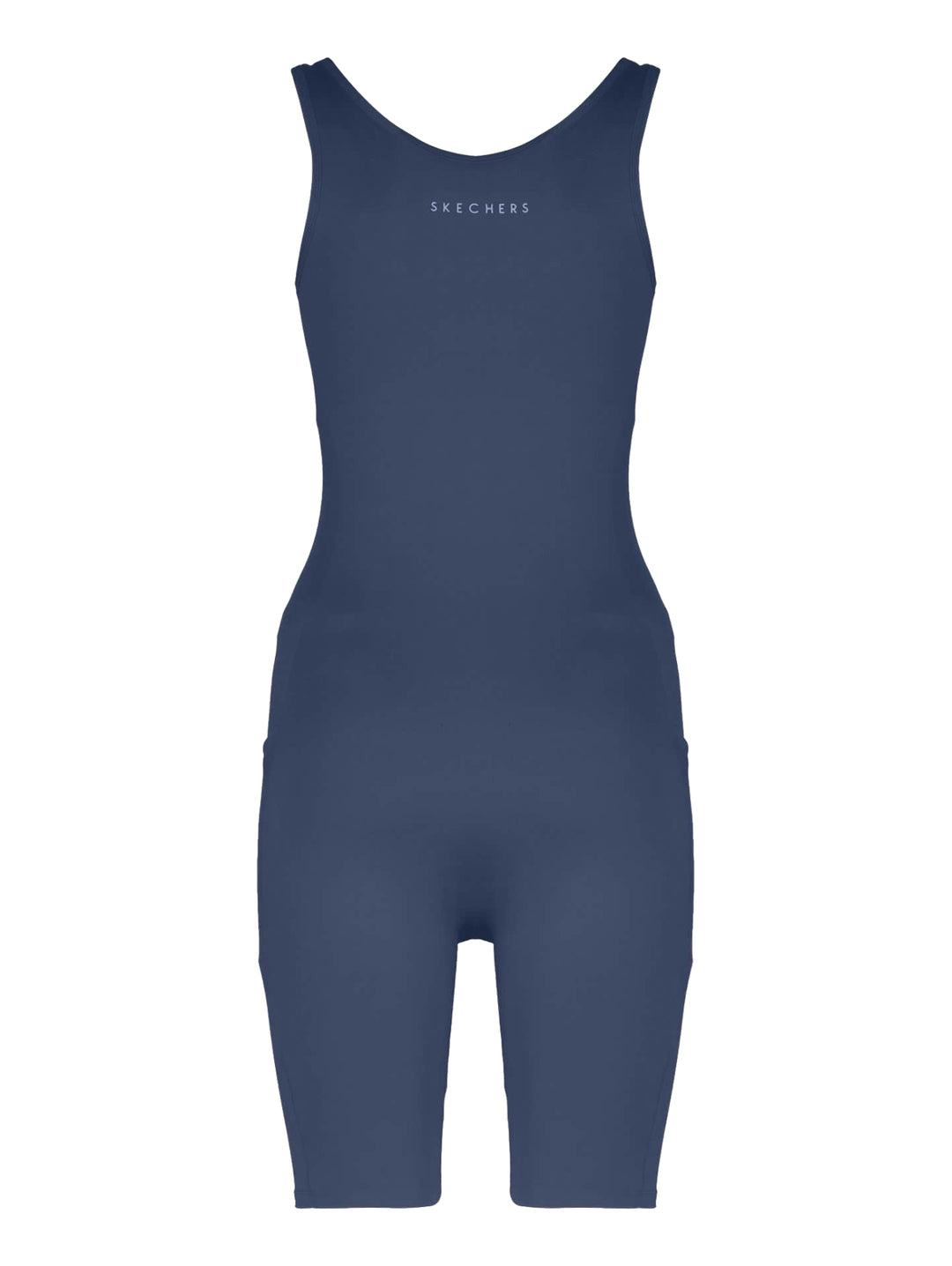 Mujer vistiendo un body deportivo ajustado de color azul marino.