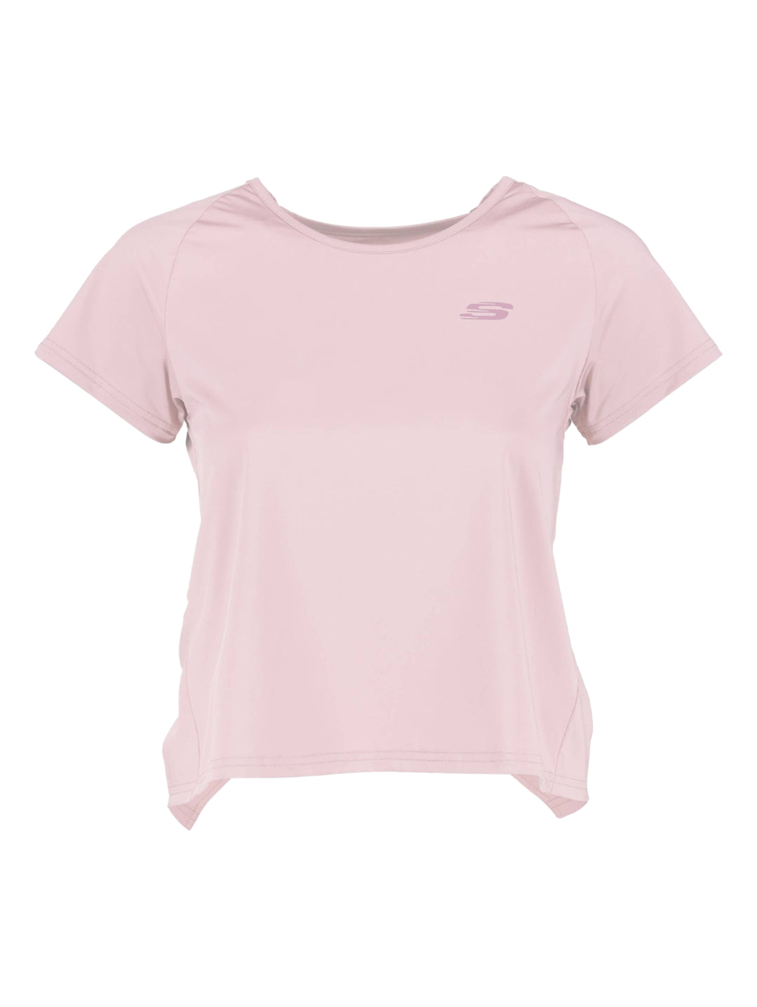 Playera deportiva crop top de color lila con manga corta y logo de Skechers en el pecho.