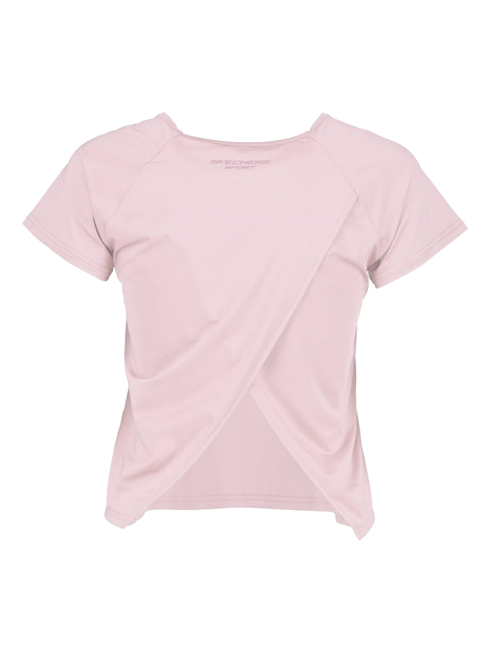 Playera deportiva crop top de color lila con manga corta y logo de Skechers en el pecho.