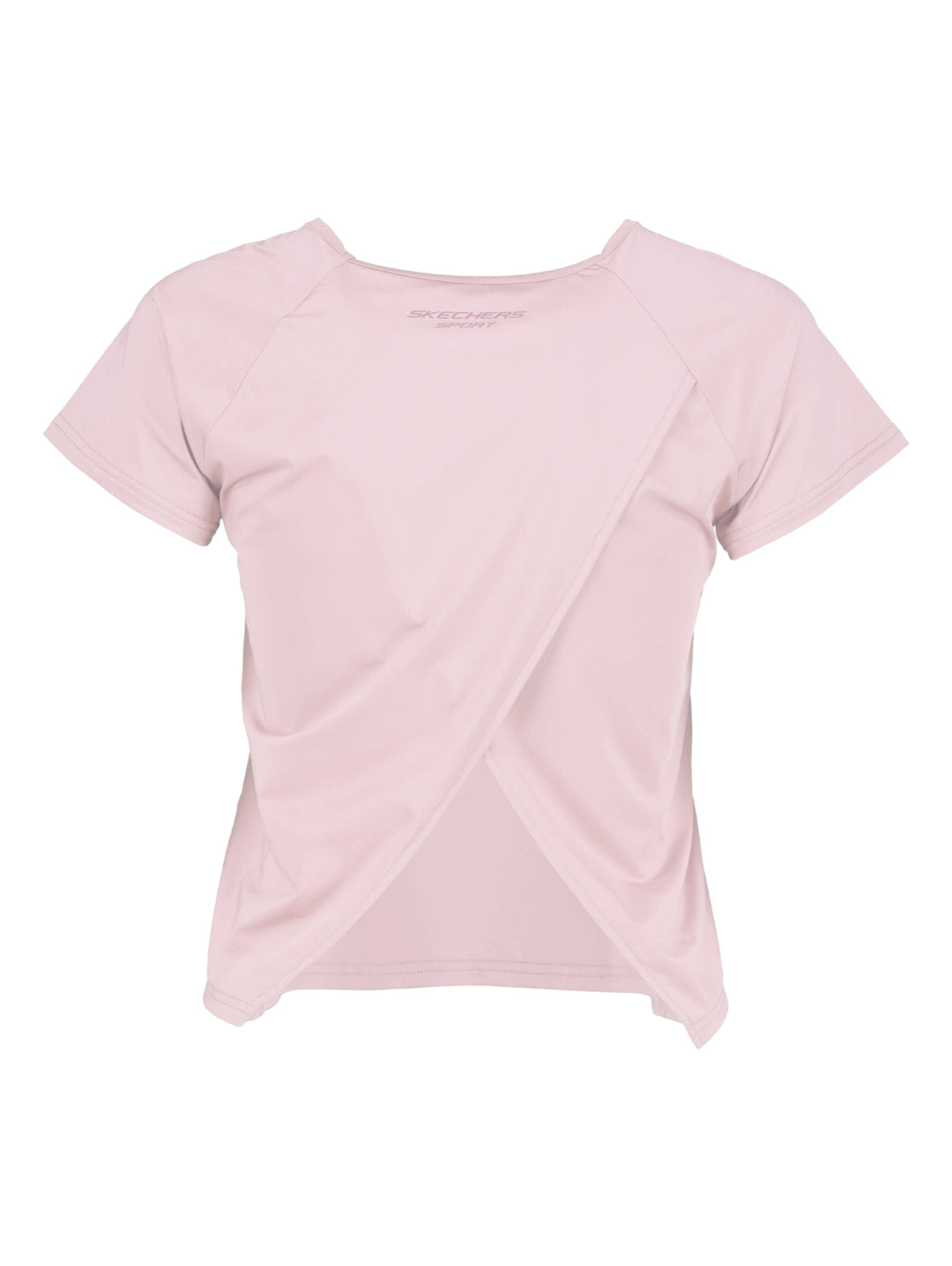 Playera deportiva crop top de color lila con manga corta y logo de Skechers en el pecho.