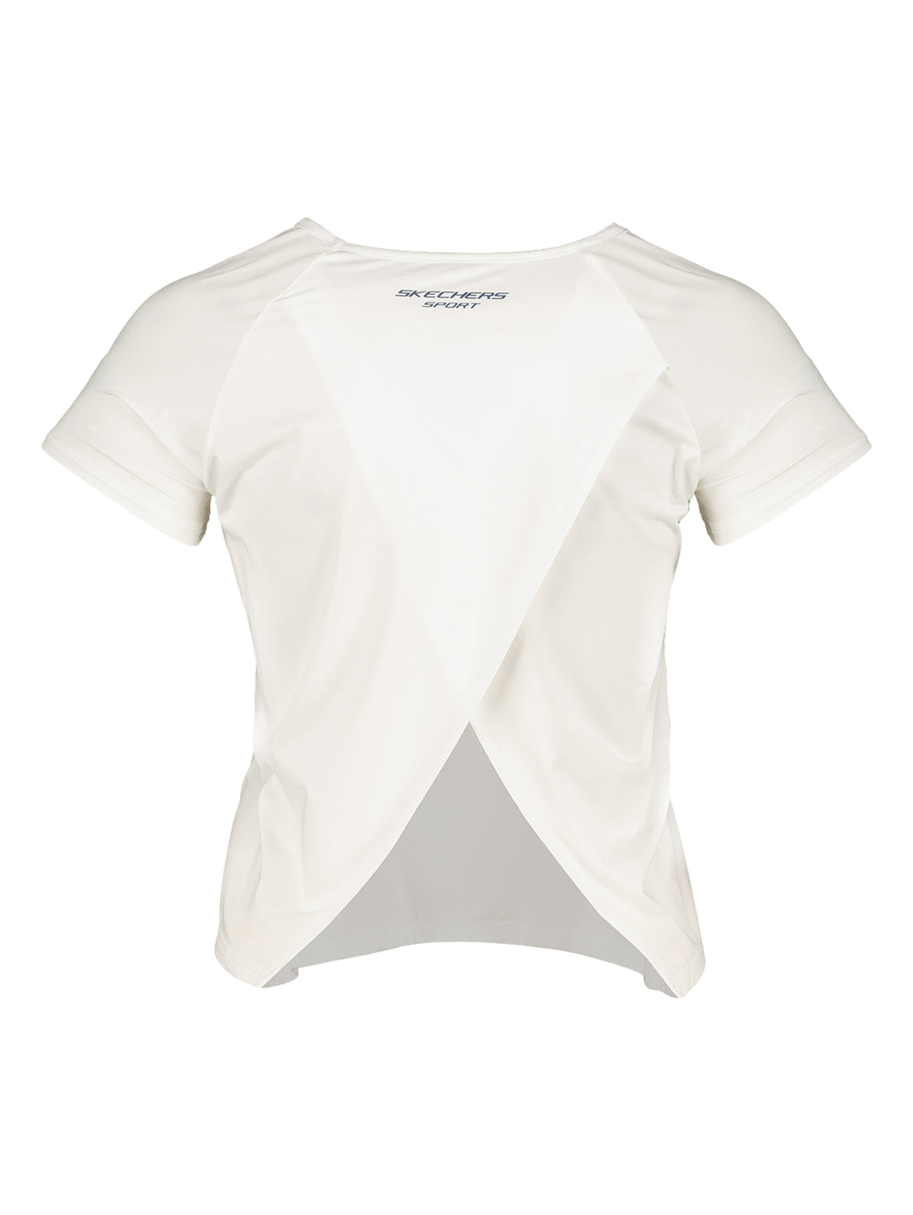 Playera Skechers blanca de manga corta y corte crop top para mujer.