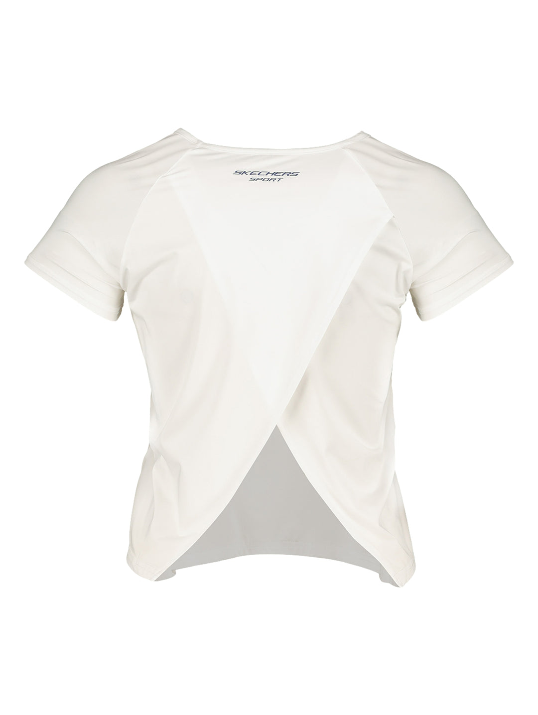 Playera Skechers blanca de manga corta y corte crop top para mujer.