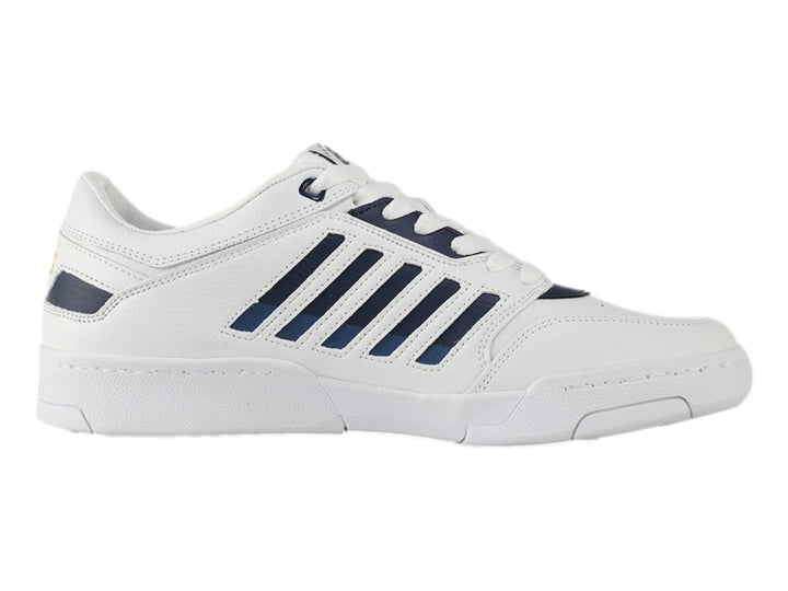 Tenis K-Swiss Dread Court en color blanco con franjas laterales en azul marino y suela blanca.