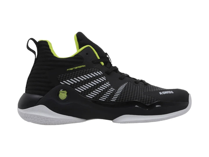 Tenis de baloncesto K-Swiss Fastbreak en color negro con detalles en verde neón y suela blanca.
