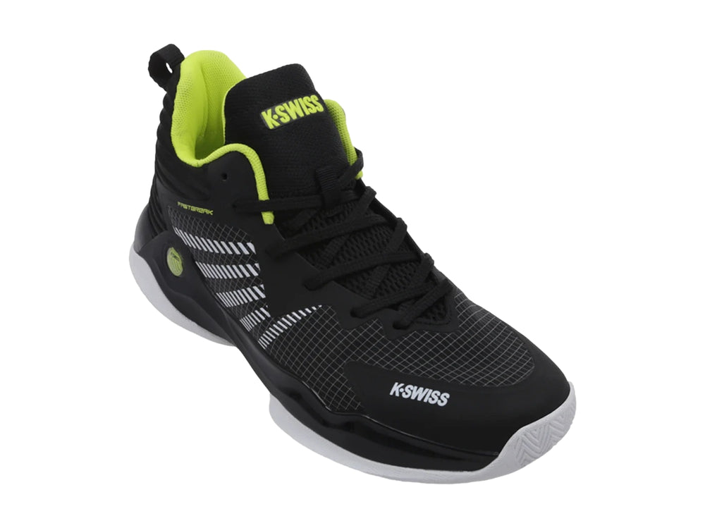 Tenis de baloncesto K-Swiss Fastbreak en color negro con detalles en verde neón y suela blanca.